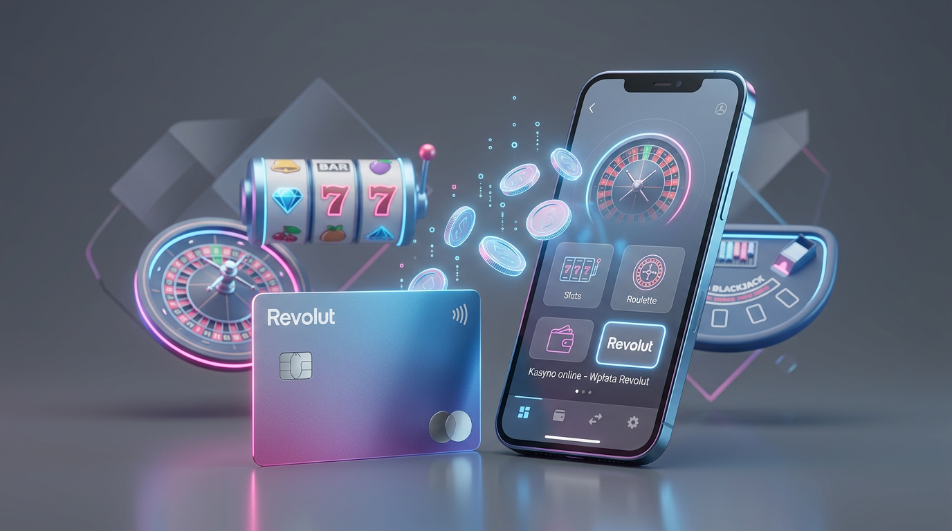 Nowoczesna ilustracja przedstawiająca kartę Revolut i aplikację kasyna online na smartfonie.
