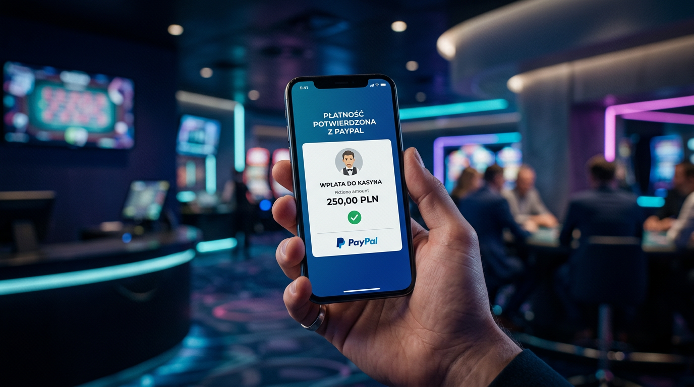 Smartfon z potwierdzeniem płatności PayPal na tle rozmytego interfejsu kasyna online.