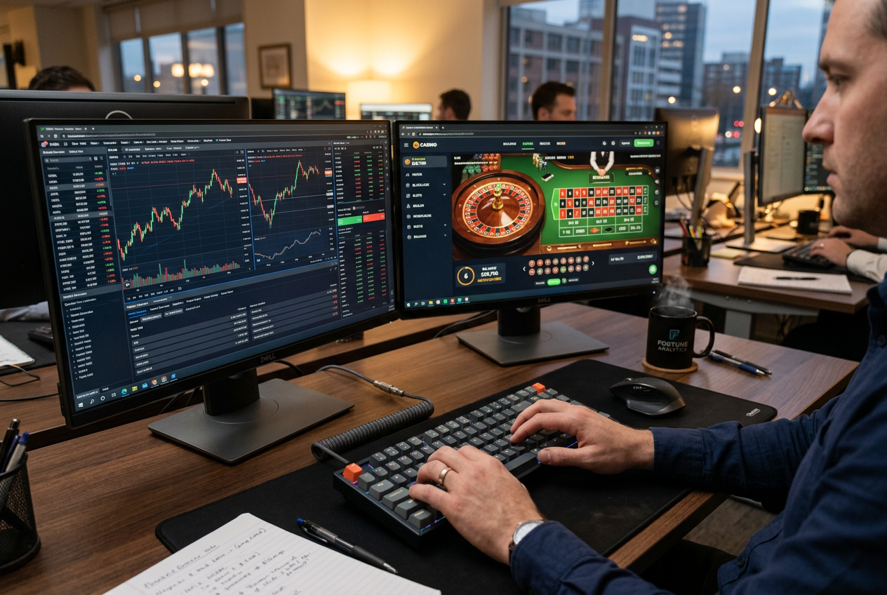 Professional financial expert analyzing payment charts and casino software interface
