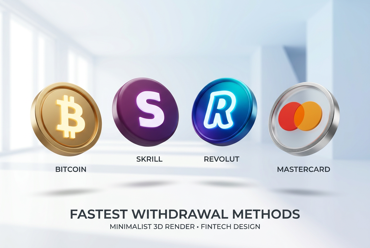 Ikony nowoczesnych metod płatności takich jak Bitcoin, Skrill i Revolut