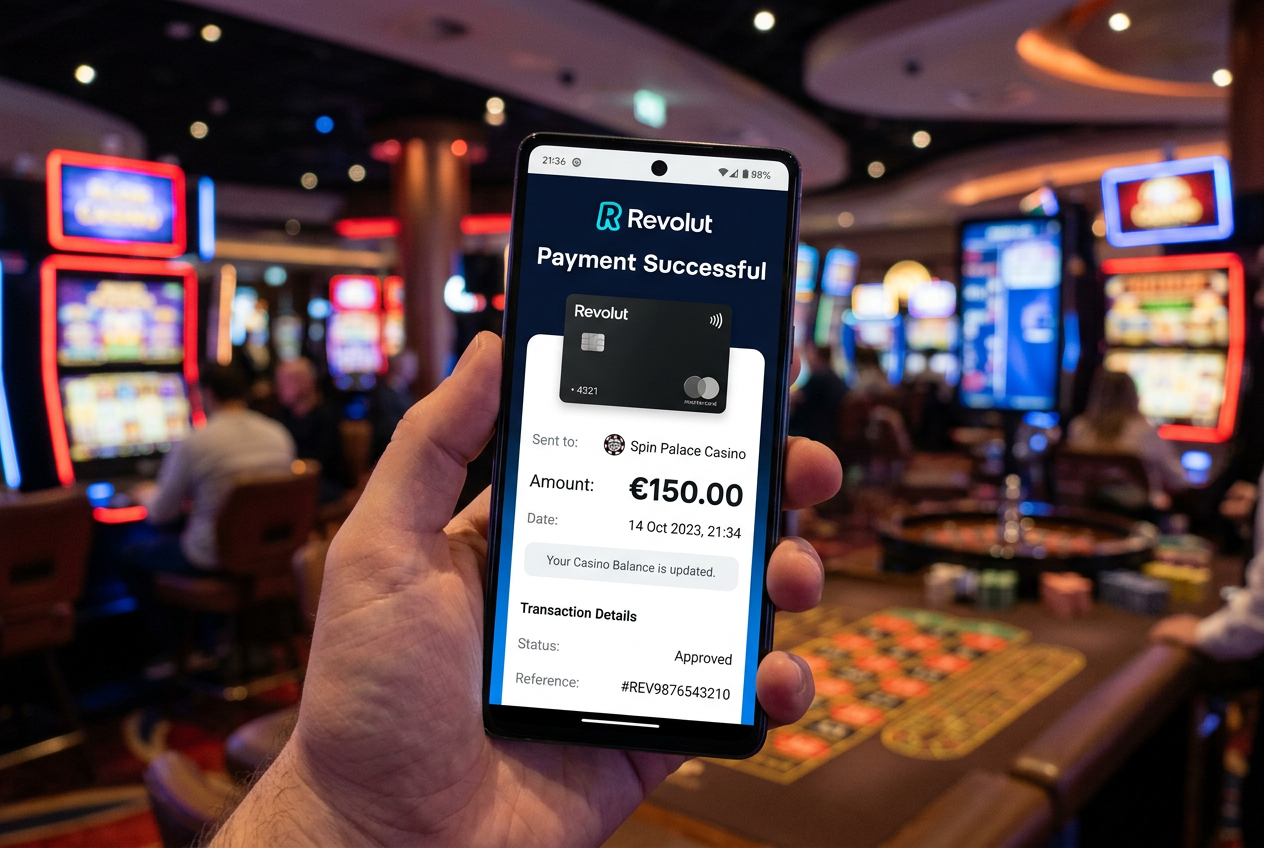 Interfejs aplikacji Revolut z potwierdzeniem transakcji do kasyna online na ekranie smartfona