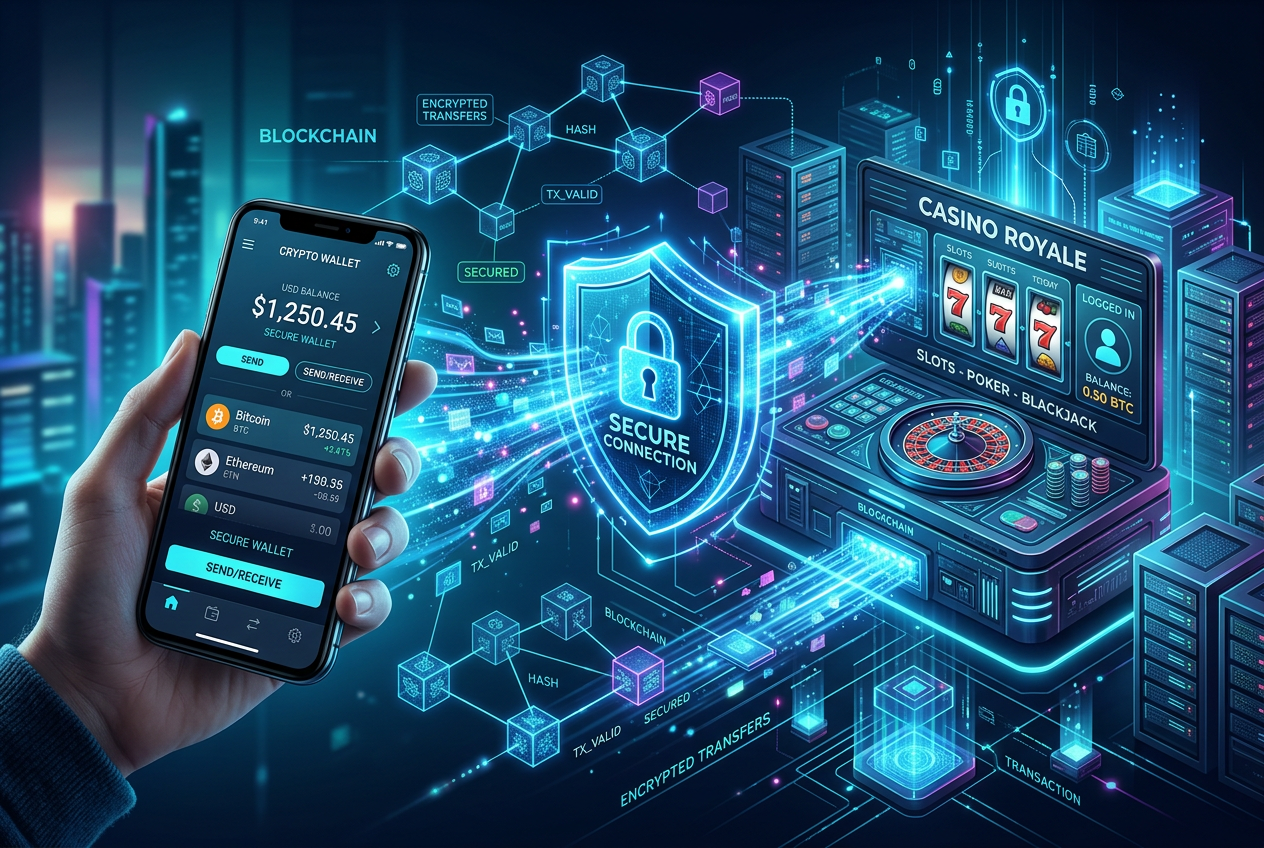 Grafika przedstawiająca bezpieczne połączenie portfela kryptowalutowego z kasynem online