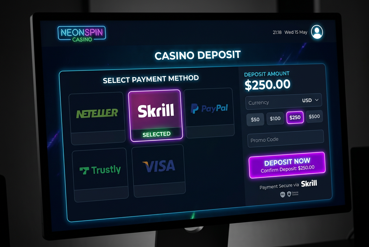 Modern casino payment interface with Skrill logo selected in a dark mode UI